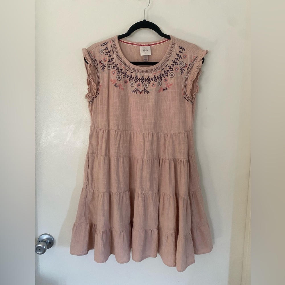 Knox Rose - Women’s Pale Pink Floral Embroidered Tiered Ruffled Boho Sundress